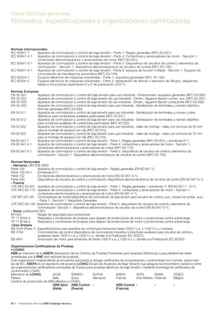Información técnica ABB Catálogo técnico106/
Datos técnicos generales
Normativa, especificaciones y organizaciones certificadoras
Normas internacionales
IEC 60947-1 Aparatos de conmutación y control de baja tensión - Parte 1: Reglas generales (NFC 63-001).
IEC 60947-4-1 Aparatos de conmutación y control de baja tensión - Parte 4: Contactores y arrancadores de motor - Sección 1:
contactores electromecánicos y arrancadores de motor (NFC 63-001).
IEC 60947-5-1 Aparatos de conmutación y control de baja tensión - Parte 5: Dispositivos de circuitos de control y elementos de
conmutación - Sección 1: dispositivos electromecánicos de circuitos de control (NFC 63-146).
IEC 60947-6-1 Aparatos de conmutación y control de baja tensión - Parte 6: equipos de función múltiple - Sección 1: Equipos de
conmutación de transferencia automática (NFC 63-160).
IEC 60204-1 Equipos eléctricos de máquinas industriales - Parte 1: requisitos generales (NFC 79-130).
IEC 60204-2 Equipos eléctricos de máquinas industriales - Parte 2: designación de artículo y ejemplos de dibujos, diagramas,
tablas e intrucciones (Ápendices D y E de publicación 2D4-1).
Normas Europeas
EN 50 001 Aparatos de conmutación y control de baja tensión para uso industrial - Dimensiones: requisitos generales (NFC 63-090)
EN 50 002 Aparatos de conmutación y control de baja tensión de uso industrial - Dimen.: Agujeros fijación contac. aux. (NFC 63-091)
EN 50 003 Aparatos de conmutación y control de baja tensión de uso industrial - Dimen.: Agujeros fijación contactores (NFC 63-092)
EN 50 005 Aparatos de conmutación y control de baja tensión para uso industrial - Señalización de terminales y número distintivo:
Normas generales (NFC 63-030).
EN 50 011 Aparatos de conmutación y control de baja tensión para uso industrial - Señalización de terminales y número y letra
distintivos para contactores auxiliares particulares (NFC 53-031).
EN 50 012 Aparatos de conmutación y control de baja tensión para uso industrial - Señalización de terminales y número distintivo
para contactos auxiliares de contactores particulares (NFC 63 032).
EN 50 022 Aparatos de conmutación y control de baja tensión para uso industrial - raíles de montaje - raíles con anchura de 35 mm
para el montaje de equipos con clip (NFC 63 015).
EN 50 023 Aparatos de conmutación y control de baja tensión para uso industrial - raíles de montaje - raíles con anchura de 75 mm
para el montaje de equipos con clip (NFC 63 016).
EN 60 947-1 Aparatos de conmutación y control de baja tensión - Parte 1: Reglas generales (NFC 63-001) + enmienda A11.
EN 60 947-4-1 Aparatos de conmutación y control de baja tensión - Parte 4: contactores y arrancadores de motor - Sección 1:
contactores electromecánicos y arrancadores de motor (NFC 63-110).
EN 60 947-5-1 Aparatos de conmutación y control de baja tensión - Parte 5: dispositivos de circuitos de control y elementos de
conmutación - Sección 1: dispositivos electromecánicos de circuitos de control (NFC 63-146).
Normas Nacionales
- Alemania: DIN VDE 0660
Parte 100 Aparatos de conmutación y control de baja tensión - Reglas generales (EN 60 947-1).
Parte 100 /A11 Enmienda A11.
Parte 102 Contactores electromecánicos y arrancadores de motor (EN 60 947-4-1).
Parte 200 Dispositivos de circuitos de control y conmutación; dispositivos electromecánicos de circuitos de control (EN 60 947-5-1).
- Francia
UTE NFC 63-001 Aparatos de conmutación y control de baja tensión - Parte 1: Reglas generales + enmienda 11 (EN 60 947-1 - A11).
UTE NFC 63-110 Aparatos de conmutación y control de baja tensión - Parte 4: contactores y arrancadores de motor - Sección 1:
contactores electromecánicos y arrancadores de motor (EN 60 947-4-1).
UTE NFC 63-140 Conmutadores de control (dispositivos de conmutación de baja tensión para circuitos de control y aux., incluso los contac. aux.)
- Parte 1 - Sección 1: Requisitos Generales
UTE NFC 63-146 Aparatos de conmutación y control de baja tensión - Parte 5: dispositivos de circuitos de control y elementos de
conmutación -Sección 1: dispositivos electromecánicos de circuitos de control (EN 60 947-5-1).
- Suiza: publicación SEV
Nº1025 Reglas de seguridad para contactores
TP 17 B/2A-d Requisitos y condiciones de pruebas para disparo de protecciones de motor o protecciones contra sobrecarga.
TP 17 B/4A-d Requisitos y condiciones de pruebas para disparo de protecciones de motor o protecciones contra sobrecarga.
-Gran Bretaña
BS 5424 (Parte 1) Especificaciones para aparatos de control para tensiones hasta 1000 V c.a. y 1200 V c.c. inclusive.
BS 4794 Conmutadores de control (dispositivos de conmutación incluidos contactores auxiliares para circuitos de control y
auxiliares) hasta 1000 V c.a. y 1200 V c.c. (similar a la Publicación IEC 60337).
BS 4941 Arrancador de motor para tensiones de hasta 1000 V c.a. y 1200 V c.c. (similar a la Publicación IEC 60292)
Organizaciones Certificadoras de Pruebas
• LOVAG
ABB es miembro de la ASEFA (Asociación de los Centros de Pruebas Franceses para Aparatos Eléctricos) cuyas plataformas están
acreditadas por la RNE (red nacional de pruebas).
Esta organización independiente se encuentra autorizada a otorgar certificados de comprobación y conformidad con normas, sobre todo
las de IEC. ASEFA es un signatorio del acuerdo LOVAG (Grupo de Acuerdos de Baja Tensión) que asegura reconocimiento recíproco entre
las organizaciones certificadoras principales de Europa para pruebas eléctricas de baja tensión, mediante la entrega de certificados de
conformidad LOVAG.
Miembros de LOVAG: ACAE SEMKO ALPHA ASEFA ASTA KEMA CEBEC
Países: Italia Suiza Alemania Francia Gran Bretaña Holanda Bélgica
Centros de producción de ABB afiliados a LOVAG:
ABB Sace ABB Control - ABB Control - - -
(Italia) (Suecia) (Francia)
 
