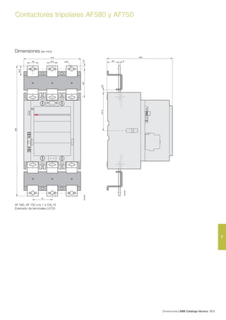 Dimensiones ABB Catálogo técnico 297/
7
Contactores tripolares AF580 y AF750
210
10511.5
35.5
483
ø13
E2039D
72
40 22.5
242
E2040D
643
9.6141.5
Dimensiones (en mm)
AF 580, AF 750 c/w 1 x CAL18
Extensión de terminales LX750
 