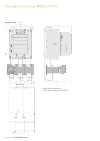 Dimensiones ABB Catálogo técnico327/
Contactores tripolares AF580 y AF750
E2044D
210
40
72 72
466.6
11.511.5
ø12.5
245
40
83 83
ø12.5
E2045D
242
48.5 6
190
60.5 5
471.5
E2046D
5 5
249
(M6)
82
8079
(M6)
72
Dimensiones (en mm)
AF 580, AF 750 c/w 1 x CAL18
+ Relé de sobrecarga electrónico E800DU
 