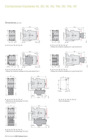 Dimensiones ABB Catálogo técnico367/
Contactores tripolares AL 30, AL 40, TAL 30, TAL 40
125.3
4 6.3
9 10
35mmEN/IEC60715
E2355D
151.5
4
9
35mmEN/IEC60715
47
10
E2356D
125.3
4 6.3
9 10
35mmEN/IEC60715
E2357D
47
10
158
4
9
35mmEN/IEC60715
E2358D
54
90
E0133D
54
90
E0135D
54
90
E0137D
54
90
12
74
E0139D
Dimensiones (en mm)
AL 30, AL 40, TAL 30, TAL 40 AL 30, AL 40, TAL 30, TAL 40
+ Bloque de contactos auxiliares de 1 polo frontal CA 5
AL 30, AL 40, TAL 30, TAL 40 AL 30, AL 40, TAL 30, TAL 40
+ Bloque de contactos auxiliares de dos polos lateral CAL 5 + Bloque de contactos auxiliares de 4 polos frontal CA 5
ø 4.2
4.54.5
45
70
80
E0117D
(M4)
54
149.5
90
E0771D
54
155.5
90
E0773D
125.3
9
10
26.8
120.8
6
35mmEN/IEC60715
14*
E2361D
4
129.9
18.9 6
E2362D
125.3
9
10
35mmEN/IEC60715
4
AL 30, AL 40, TAL 30, TAL 40 AL 30, AL 40, TAL 30, TAL 40
+ Relé térmico de sobrecarga TA 25 DU Plano de taladrado
* Sólo para TA 25 DU 32
AL 30, AL 40, TAL 30, TAL 40
+ Relé térmico de sobrecarga TA 42 DU
 