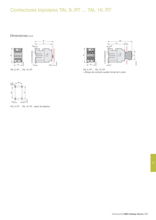 Dimensiones ABB Catálogo técnico 377/
7
Contactores tripolares TAL 9..RT ... TAL 16..RT
4.5
ø 4.5
4.5
35
70
60
E2332D
(M4)
91
97
5.5
4 10
E2334D2
35mmEN/IEC60715
91
47
130
5.5
4
E2340D2
10
35mmEN/IEC60715
78
E2516D1
44 44
78
E2519D1
Dimensiones (mm)
TAL 9..RT ... TAL 16..RT TAL 9..RT ... TAL 16..RT
+ Bloque de contacto auxiliar frontal de 4 polos
TAL 9..RT ... TAL 16..RT - plano de taladros
 