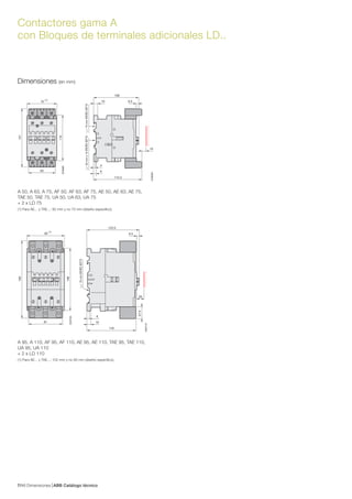 Dimensiones ABB Catálogo técnico467/
Contactores gama A
con Bloques de terminales adicionales LD..
E2068D
141
63
110
70
(1)
E2069D
10
75mmEN/IEC6071535mmx15EN/IEC60715
6.510
108
6
4
115.5
E2070D
184
148
81
90
(1)
20
E2071D
123.5
6.5
116
10
6
27.5
75mmEN/IEC60715Dimensiones (en mm)
A 50, A 63, A 75, AF 50, AF 63, AF 75, AE 50, AE 63, AE 75,
TAE 50, TAE 75, UA 50, UA 63, UA 75
+ 2 x LD 75
(1) Para AE... y TAE...: 82 mm y no 70 mm (diseño específico).
A 95, A 110, AF 95, AF 110, AE 95, AE 110, TAE 95, TAE 110,
UA 95, UA 110
+ 2 x LD 110
(1) Para AE... y TAE...: 102 mm y no 90 mm (diseño específico).
 