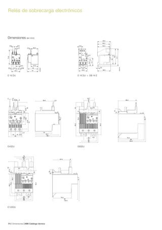 Dimensiones ABB Catálogo técnico627/
Relés de sobrecarga electrónicos
E2326D
9.3
2.41.2
9.3
44.4
74.6
148.2 5.65
10.3
36.3
37.5
53
57
E2327D
4.4
14.8
44.6 68.5
35.7
41.7
5.514 14
69.5
65.2
64.5
50
82.7
91.1
Dimensiones (en mm)
E 16 DU E 16 DU + DB 16 E
E45DU E80DU
E140DU
 