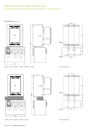 Dimensiones ABB Catálogo técnico667/
Relés de sobrecarga electrónicos
Combinación de arrancador con contactor y cubrebornes
Dimensiones (en mm)
AF580 / AF750 + E800DU + DT800 / AF750S + LT800 Plano de taladros
AF580 / AF750 + E800DU + DT800 / AF750L Plano de taladros
 