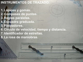 INSTRUMENTOS DE TRAZADO.
1.Lápices y gomas.
2.Compases de puntas.
3.Reglas paralelas.
4.Escuadra graduada.
5.Ploteadores.
6.Circulo de velocidad, tiempo y distancia.
7.Identificador de estrellas.
8.La rosa de maniobras.
 