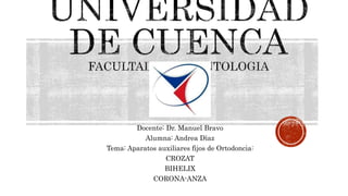 Docente: Dr. Manuel Bravo
Alumna: Andrea Díaz
Tema: Aparatos auxiliares fijos de Ortodoncia:
CROZAT
BIHELIX
CORONA-ANZA
 