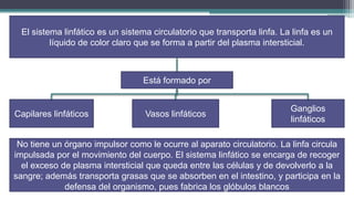 El sistema linfático es un sistema circulatorio que transporta linfa. La linfa es un
          líquido de color claro que se forma a partir del plasma intersticial.



                                  Está formado por


                                                                          Ganglios
Capilares linfáticos               Vasos linfáticos
                                                                          linfáticos

 No tiene un órgano impulsor como le ocurre al aparato circulatorio. La linfa circula
impulsada por el movimiento del cuerpo. El sistema linfático se encarga de recoger
  el exceso de plasma intersticial que queda entre las células y de devolverlo a la
sangre; además transporta grasas que se absorben en el intestino, y participa en la
             defensa del organismo, pues fabrica los glóbulos blancos
 