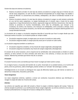 13
Existen dos tipos de sistemas circulatorios:
 Sistema circulatorio cerrado: En este tipo de sistema circulatorio la sangre viaja por el interior de una
red de vasos sanguíneos, sin salir de ellos. El material transportado por la sangre llega a los tejidos a
través de difusión. Es característico de anélidos, cefalópodos y de todo el vertebrado incluido el ser
humano.
 Sistema circulatorio abierto: En este tipo de sistema circulatorio la sangre no está siempre contenida
en una red de vasos sanguíneos. La sangre bombeada por el corazón viaja a través de los vasos
sanguíneos e irriga directamente las células, regresando luego por distintos mecanismos. Este tipo de
sistema se presenta en muchos invertebrados, entre ellos los artrópodos, que incluyen a los
crustáceos, las arañas y los insectos; y los moluscos no cefalópodos, como caracoles y almejas. Estos
animales tienen uno o varios corazones, una red de vasos sanguíneos y un espacio abierto grande en el
cuerpo llamado hemocele.
La circulación de la sangre o circulación sanguínea describe el recorrido que hace la sangre desde que sale
hasta que vuelve al corazón. La circulación puede ser simple o doble:
 Circulación sanguínea simple, la sangre pasa una vez por el corazón en cada vuelta.
 Circulación sanguínea doble, la sangre pasa dos veces por el corazón en cada vuelta.
La circulación sanguínea también se clasifica en:
 Circulación sanguínea completa, no hay mezcla de sangre oxigenada y desoxigenada.
 Circulación sanguínea incompleta, hay mezcla de sangres oxigenada y desoxigenada.
El corazón de los seres humanos y de la mayoría de los vertebrados más evolucionados se divide en cuatro
cámaras, es tetra cameral. En otros animales solo tiene dos o tres cámaras, o incluso una sola en forma
tubular. Además hay animales que tienen más de un corazón.
El Corazón
El corazón funciona como una bomba que hace mover la sangre por todo nuestro cuerpo.
Es un órgano hueco y musculoso del tamaño de un puño. Encerrado en la cavidad torácica, en el centro del
pecho, entre los pulmones, sobre el diafragma, dando nombre a la "entrada" del estómago o cardias.
Histológicamente en el corazón se distinguen tres capas de diferentes tejidos que, del interior al exterior se
denominan endocardio, miocardio y pericardio.
Vasos Sanguíneos
Los vasos sanguíneos (arterias, capilares y venas) son conductos musculares elásticos que distribuyen y
recogen la sangre de todos los rincones del cuerpo.
Arterias:
Las arterias son aquellas que salen del corazón y llevan la sangre a distintos órganos del cuerpo. Todas las
arterias excepto la pulmonar y sus ramificaciones llevan sangre oxigenada. Las arterias contrario a las vena, se
localizan profundamente a lo largo de los huesos o debajo de los músculos.
 