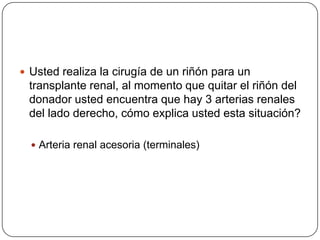 Usted realiza la cirugía de un riñón para un transplante renal, al momento que quitar el riñón del donador usted encuentra que hay 3 arterias renales del lado derecho, cómo explica usted esta situación?Arteria renal acesoria (terminales)