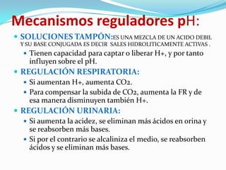 Mecanismos reguladores pH:
 SOLUCIONES TAMPÓN:ES UNA MEZCLA DE UN ACIDO DEBIL
  Y SU BASE CONJUGADA ES DECIR SALES HIDROLITICAMENTE ACTIVAS .
    Tienen capacidad para captar o liberar H+, y por tanto
     influyen sobre el pH.
 REGULACIÓN RESPIRATORIA:
    Si aumentan H+, aumenta CO2.
    Para compensar la subida de CO2, aumenta la FR y de
     esa manera disminuyen también H+.
 REGULACIÓN URINARIA:
    Si aumenta la acidez, se eliminan más ácidos en orina y
     se reabsorben más bases.
    Si por el contrario se alcaliniza el medio, se reabsorben
     ácidos y se eliminan más bases.
 