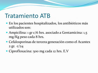 Tratamiento ATB
 En los pacientes hospitalizados, los antibióticos más
  utilizados son:
 Ampicilina: 1 gr c/6 hrs. asociado a Gentamicina: 1,5
  mg/Kg peso cada 8 hrs.
 Cefalosporinas de tercera generación como el Acantex
  2 gr. c/24
 Ciprofloxacina: 500 mg cada 12 hrs. E.V
 