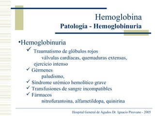 Hemoglobina
Patología - Hemoglobinuria
•Hemoglobinuria
 Traumatismo de glóbulos rojos
válvulas cardíacas, quemaduras extensas,
ejercicio intenso
 Gérmenes
paludismo,
 Síndrome urémico hemolítico grave
 Transfusiones de sangre incompatibles
 Fármacos
nitrofurantoina, alfametildopa, quinirina
Hospital General de Agudos Dr. Ignacio Pirovano - 2005

 