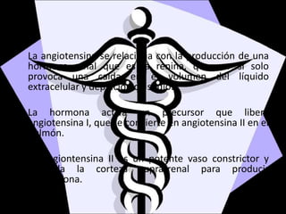 La angiotensina se relaciona con la producción de una
hormona renal que es la renina, que por si solo
provoca una caída en el volumen del líquido
extracelular y depleción de sodio.
La hormona activa un precursor que libera
angiotensina I, que se convierte en angiotensina II en el
pulmón.
La angiontensina II es un potente vaso constrictor y
estimula la corteza suprarrenal para producir
aldosterona.
 