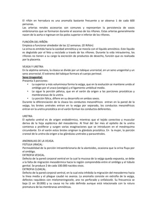 El riñón en herradura es una anomalía bastante frecuente y se observa 1 de cada 600
personas.
Las arterias renales accesorias son comunes y representan la persistencia de vasos
embrionarios que se formaron durante el ascenso de los riñones. Estas arterias generalmente
nacen de la aorta e ingresan en los polos superior e inferior de los riñones.
FUNCIÓN DEL RIÑÓN:
Empieza a funcionar alrededor de las 12 semanas. (El Riñón)
La orina es emitida hacia la cavidad amniótica y se mezcla con el líquido amniótico. Este líquido
es deglutido por el feto y reciclado a través de los riñones. Durante la vida intrauterina, los
riñones no tienen a su cargo la excreción de productos de desecho, función que es realizada
por la placenta.
VEJIGA Y URETRA:
En la séptima semana, la cloaca se divide por un tabique urorrectal, en un seno urogenital y un
seno anorrectal. El extremo del tabique formara el cuerpo perineal.
Seno Urogenital:
Presenta 3 porciones:
• La superior y más voluminosa forma la vejiga, que en la evolución se mantiene unida al
ombligo por el uraco (vestigio) y el ligamento umbilical medio.
• Le sigue la porción pélvica, que en el varón da origen a las porciones prostáticas y
membranosas de la uretra.
• La porción fálica, difiere en su desarrollo en ambos sexos.
Durante la diferenciación de la cloaca los conductos mesonéfricos entran en la pared de la
vejiga, los brotes uretrales entran en la vejiga por separado, los conductos mesonéfricos
entran en la uretra prostática en el varón forman los conductos deferentes.
URETRA:
El epitelio uretral es de origen endodérmico, mientras que el tejido conectivo y muscular
deriva de la hoja asplácnica del mesodermo. Al final del 3er mes el epitelio de la uretra
comienza a proliferar y surgen varias evaginaciones que se introducen en el mesénquima
circundante. En el varón estos brotes originan la glándula prostática. En la mujer, la porción
craneal de la uretra da origen a las glándulas uretrales y parauretrales.
ANOMALIAS DE LA VEJIGA.
FISTULA URACAL:
Permeabilidad de la porción intraembrionaria de la alantoides, ocasiona que la orina fluya por
el ombligo.
EXTROFIA VESICAL.
Defecto de la pared corporal ventral en la cual la mucosa de la vejiga queda expuesta, se debe
a la falta de migración mesodérmica hacia la región comprendida entre el ombligo y el túbulo
genital. Se produce 2 de cada 100.000 nacidos vivos.
EXTROFIA CLOACAL.
Defecto de la pared corporal ventral, en la cual esta inhibida la migración del mesodermo hacia
la línea media y el pliegue caudal no avanza. La anomalía consiste en extrofia de la vejiga,
defectos raquídeos con mielomeningocele, ano no perforado y onfalocele. Su frecuencia se
baja (1 en 30.000) y su causa no ha sido definida aunque está relacionada con la rotura
prematura de las membranas amnióticas.

 