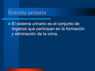 Sistema urinario
 El sistema urinario es el conjunto de
órganos que participan en la formación
y eliminación de la orina.
 