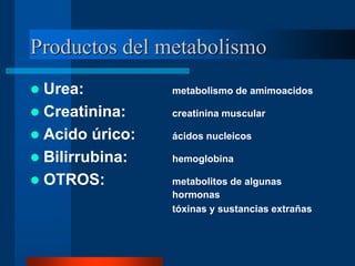 Productos del metabolismo
 Urea: metabolismo de amimoacidos
 Creatinina: creatinina muscular
 Acido úrico: ácidos nucleicos
 Bilirrubina: hemoglobina
 OTROS: metabolitos de algunas
hormonas
tóxinas y sustancias extrañas
 