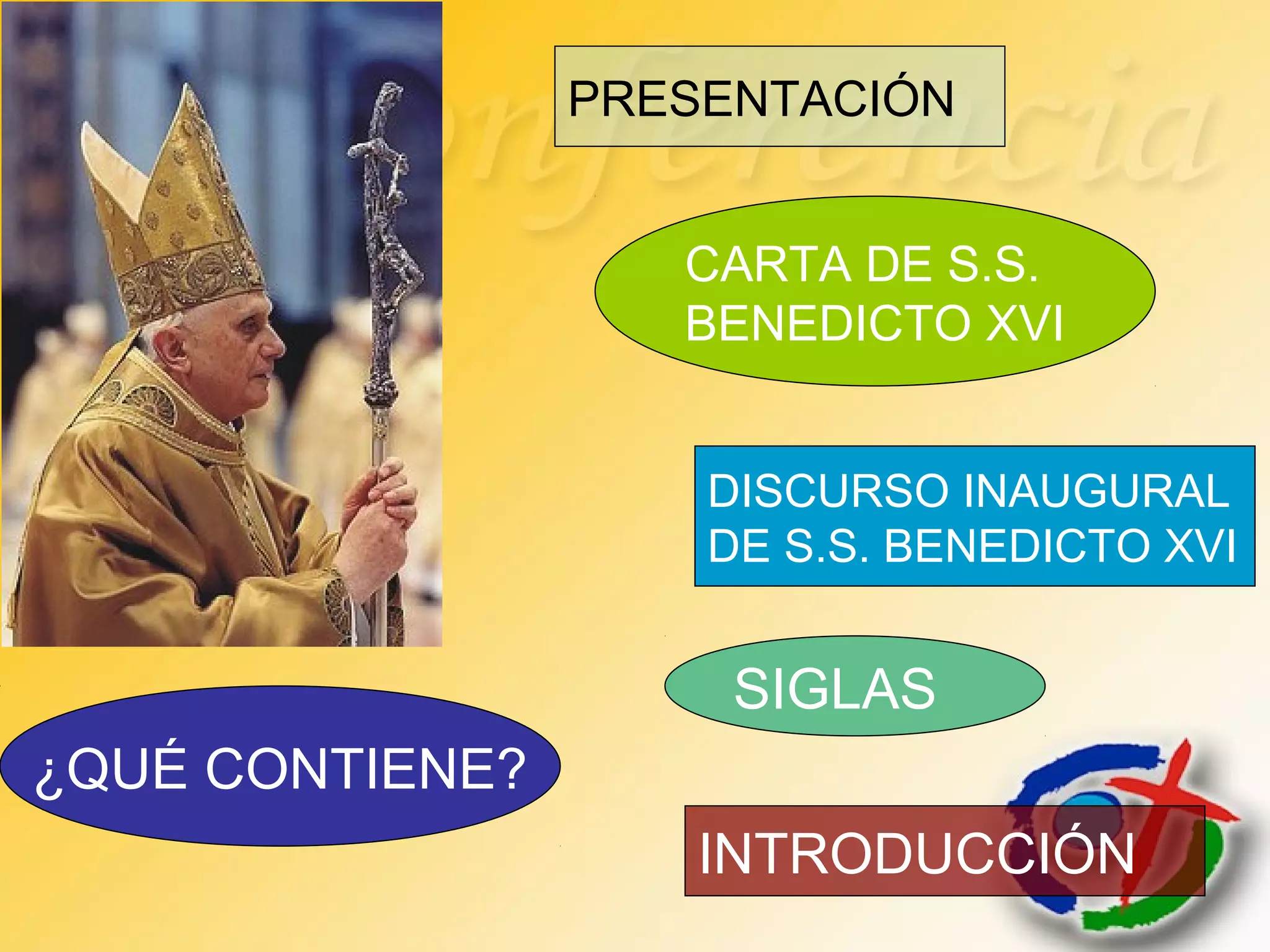 ¿QUÉ CONTIENE?
PRESENTACIÓN
CARTA DE S.S.
BENEDICTO XVI
DISCURSO INAUGURAL
DE S.S. BENEDICTO XVI
SIGLAS
INTRODUCCIÓN
 