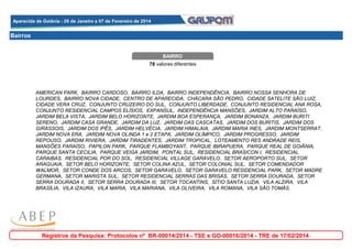 Aparecida de Goiânia - 28 de Janeiro a 07 de Fevereiro de 2014
Aparecida de Goiânia - 28 de Janeiro a 07 de Fevereiro de 2014

Bairros

BAIRRO
78 valores diferentes

AMERICAN PARK, BAIRRO CARDOSO, BAIRRO ILDA, BAIRRO INDEPENDÊNCIA, BAIRRO NOSSA SENHORA DE
LOURDES, BAIRRO NOVA CIDADE, CENTRO DE APARECIDA, CHÁCARA SÃO PEDRO, CIDADE SATELITE SÃO LUIZ,
CIDADE VERA CRUZ, CONJUNTO CRUZEIRO DO SUL, CONJUNTO LIBERDADE, CONJUNTO RESIDENCIAL ANA ROSA,
CONJUNTO RESIDENCIAL CAMPOS ELÍSIOS, EXPANSUL, INDEPENDÊNCIA MANSÕES, JARDIM ALTO PARAÍSO,
JARDIM BELA VISTA, JARDIM BELO HORIZONTE, JARDIM BOA ESPERANÇA, JARDIM BONANZA, JARDIM BURITI
SERENO, JARDIM CASA GRANDE, JARDIM DA LUZ, JARDIM DAS CASCATAS, JARDIM DOS BURITIS, JARDIM DOS
GIRASSOIS, JARDIM DOS IPÊS, JARDIM HELVÉCIA, JARDIM HIMALAIA, JARDIM MARIA INES, JARDIM MONTSERRAT,
JARDIM NOVA ERA, JARDIM NOVA OLINDA 1 e 2 ETAPA, JARDIM OLÍMPICO, JARDIM PROGRESSO, JARDIM
REPOUSO, JARDIM RIVIERA, JARDIM TIRADENTES, JARDIM TROPICAL, LOTEAMENTO RES ANDRADE REIS,
MANSÕES PARAÍSO, PAPILON PARK, PARQUE FLAMBOYANT, PARQUE IBIRAPUERA, PARQUE REAL DE GOIÂNIA,
PARQUE SANTA CECILIA, PARQUE VEIGA JARDIM, PONTAL SUL, RESIDENCIAL BRASICON I, RESIDENCIAL
CARAIBAS, RESIDENCIAL POR DO SOL, RESIDENCIAL VILLAGE GARAVELO, SETOR AEROPORTO SUL, SETOR
ARAGUAIA, SETOR BELO HORIZONTE, SETOR COLINA AZUL, SETOR COLONIAL SUL, SETOR COMENDADOR
WALMOR, SETOR CONDE DOS ARCOS, SETOR GARAVELO, SETOR GARAVELO RESIDENCIAL PARK, SETOR MADRE
GERMANA, SETOR MARISTA SUL, SETOR RESIDENCIAL SERRAS DAS BRISAS, SETOR SERRA DOURADA, SETOR
SERRA DOURADA II, SETOR SERRA DOURADA III, SETOR TOCANTINS, SÍTIO SANTA LUZIA, VILA ALZIRA, VILA
BRASÍLIA, VILA IZAURA, VILA MARIA, VILA MARIANA, VILA OLIVEIRA, VILA ROMANA, VILA SÃO TOMÁS.

Registros da Pesquisa: Protocolos nº BR-00014/2014 - TSE e GO-00016/2014 - TRE de 17/02/2014

 