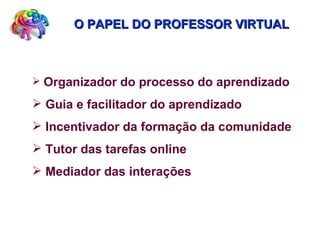 O PAPEL DO PROFESSOR VIRTUAL Organizador do processo do aprendizado Guia e facilitador do aprendizado Incentivador da formação da comunidade Tutor das tarefas online Mediador das interações 