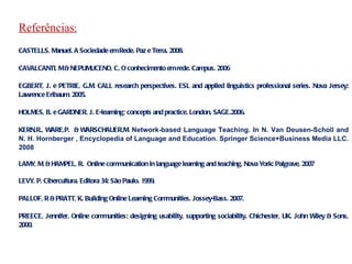 Referências : CASTELLS, Manuel. A Sociedade em Rede. Paz e Terra. 2008.  CAVALCANTI, M & NEPUMUCENO, C. O conhecimento em rede. Campus. 2006 EGBERT, J. e PETRIE, G.M. CALL research perspectives. ESL and applied linguistics professional series. Nova Jersey: Lawrence Erlbaum, 2005. HOLMES, B. e GARDNER, J. E-learning; concepts and practice. London, SAGE.2006. KERN,R., WARE,P.  & WARSCHAUER,M.  Network-based Language Teaching. In  N. Van Deusen-Scholl and N. H. Hornberger , Encyclopedia of Language and Education. Springer Science+Business Media LLC. 2008  LAMY, M. & HAMPEL, R.  Online communication in language learning and teaching. Nova York: Palgrave, 2007  LEVY, P. Cibercultura. Editora 34: São Paulo. 1999. PALLOF, R & PRATT, K. Building Online Learning Communities.  Jossey-Bass. 2007. PREECE, Jennifer. Online communities: designing usability, supporting sociability. Chichester, UK. John Wiley & Sons, 2000. 