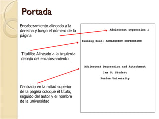 Portada Titulillo: Alineado a la izquierda debajo del encabezamiento Encabezamiento alineado a la derecha y luego el número de la página Centrado en la mitad superior de la página coloque el título, seguido del autor y el nombre de la universidad 