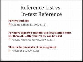 Reference List vs.
In-text Reference
For two authors
(Adams & Hamid, 1997, p. 12)
For more than two authors, the first ci...