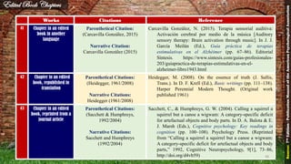 Works Citations Reference
41 Chapter in an edited
book in another
language
Parenthetical Citation:
(Carcavilla González, 2015)
Narrative Citation:
Carcavilla González (2015)
Carcavilla González, N. (2015). Terapia sensorial auditiva:
Activación cerebral por medio de la música [Auditory
sensory therapy: Brain activation through music]. In J. J.
García Meilán (Ed.), Guía práctica de terapias
estimulativas en el Alzhéimer (pp. 67–86). Editorial
Síntesis. https://www.sintesis.com/guias-profesionales-
203/guiapractica-de-terapias-estimulativas-en-el-
alzheimer-libro1943.html
42 Chapter in an edited
book, republished in
translation
Parenthetical Citations:
(Heidegger, 1961/2008)
Narrative Citations:
Heidegger (1961/2008)
Heidegger, M. (2008). On the essence of truth (J. Sallis,
Trans.). In D. F. Krell (Ed.), Basic writings (pp. 111–138).
Harper Perennial Modern Thought. (Original work
published 1961)
43 Chapter in an edited
book, reprinted from a
journal article
Parenthetical Citations:
(Sacchett & Humphreys,
1992/2004)
Narrative Citations:
Sacchett and Humphreys
(1992/2004)
Sacchett, C., & Humphreys, G. W. (2004). Calling a squirrel a
squirrel but a canoe a wigwam: A category-specific deficit
for artefactual objects and body parts. In D. A. Balota & E.
J. Marsh (Eds.), Cognitive psychology: Key readings in
cognition (pp. 100–108). Psychology Press. (Reprinted
from “Calling a squirrel a squirrel but a canoe a wigwam:
A category-specific deficit for artefactual objects and body
parts,” 1992, Cognitive Neuropsychology, 9[1], 73–86,
http://doi.org/d4vb59)
Edited Book Chapters
Source:7thEdition-PublicationManualoftheAmericanPsychologicalAssociation
48
 