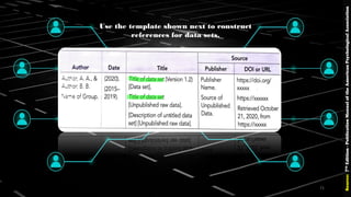 Use the template shown next to construct
references for data sets.
Source:7thEdition-PublicationManualoftheAmericanPsychologicalAssociation
71
 
