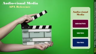 Audio-visual
Media
Audiovisual Works
Audio Works
Video Works
Audio-visual Media
APA Reference
Source:7thEdition-PublicationManualoftheAmericanPsychologicalAssociation
80
 