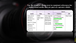 Use the template shown next to construct references for
audio-visual media that are part of a greater whole.
Source:7thEdition-PublicationManualoftheAmericanPsychologicalAssociation
84
 