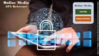 Online Media
Social Media
Webpages and Websites
Online Media
APA Reference
Source:7thEdition-PublicationManualoftheAmericanPsychologicalAssociation
89
 