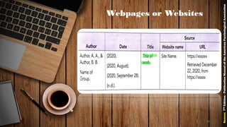 Webpages or Websites
Source:7thEdition-PublicationManualoftheAmericanPsychologicalAssociation
95
 
