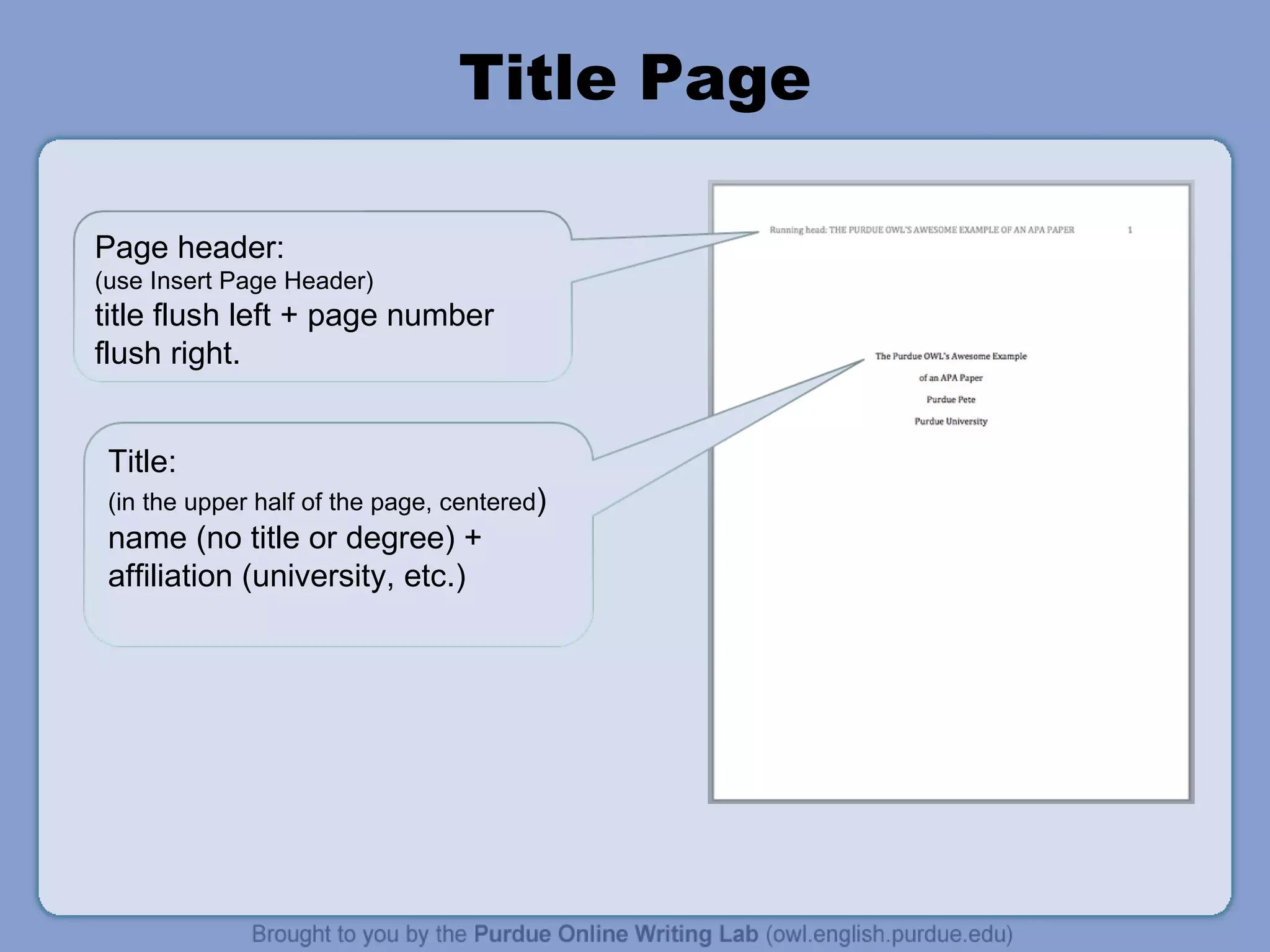 Title Page Page header: (use Insert Page Header) title flush left + page number flush right. Title: (in the upper half of the page, centered ) name (no title or degree) + affiliation (university, etc.) 