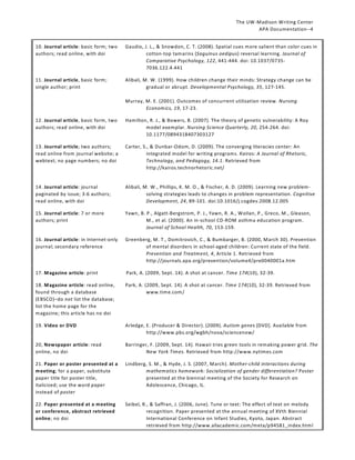 The UW-Madison Writing Center
APA Documentation--4
10. Journal article: basic form; two
authors; read online, with doi

G audio, J. L., & Snowdon, C. T. (2008). Spatial cues more salient than color cues in
cotton-top tamarins (Saguinus oedipus) reversal learning. Journal of
Comparative Psychology, 122, 441-444. doi: 10.1037/07357036.122.4.441

11. Journal article, basic form;
single author; print

Alibali, M. W. (1999). How children change their minds: Strategy change can be
gradual or abrupt. Developmental Psychology, 35, 127-145.
Murray, M. E. (2001). Outcomes of concurrent utilization review. Nursing
Economics, 19, 17-23.

12. Journal article, basic form, two
authors; read online, with doi

Hamilton, R. J., & Bowers, B. (2007). The theory of genetic vulnerability: A Roy
model exemplar. Nursing Science Quarterly, 20, 254-264. doi:
10.1177/0894318407303127

13. Journal article; two authors;
read online from journal website; a
webtext; no page numbers; no doi

Carter, S., & Dunbar-Odom, D. (2009). The converging literacies center: An
integrated model for writing programs. Kairos: A Journal of Rhetoric,
Technology, and Pedagogy, 14.1. Retrieved from
http://kairos.technorhetoric.net/

14. Journal article: journal
paginated by issue; 3-6 authors;
read online, with doi

Alibali, M. W., Phillips, K. M. O., & Fischer, A. D. (2009). Learning new problemsolving strategies leads to changes in problem representation. Cognitive
Development, 24, 89-101. doi:10.1016/j.cogdev.2008.12.005

15. Journal article: 7 or more
authors; print

Yawn, B. P., Algatt-Bergstrom, P. J., Yawn, R. A., Wollan, P., Greco, M., Gleason,
M., et al. (2000). An in-school CD-ROM asthma education program.
Journal of School Health, 70, 153-159.

16. Journal article: in Internet-only
journal; secondary reference

Greenberg, M. T., Domitrovich, C., & Bumbarger, B. (2000, March 30). Prevention
of mental disorders in school-aged children: Current state of the field.
Prevention and Treatment, 4, Article 1. Retrieved from
http://journals.apa.org/prevention/volume4/pre0040001a.htm

17. Magazine article: print

Park, A. (2009, Sept. 14). A shot at cancer. Time 174(10), 32-39.

18. Magazine article: read online,
found through a database
(EBSCO)–do not list the database;
list the home page for the
magazine; this article has no doi

P ark, A. (2009, Sept. 14). A shot at cancer. Time 174(10), 32-39. Retrieved from
www.time.com/

19. Video or DVD

Arledge, E. (Producer & Director). (2009). Autism genes [DVD]. Available from
http://www.pbs.org/wgbh/nova/sciencenow/

20, Newspaper article: read
online, no doi

Barringer, F. (2009, Sept. 14). Hawaii tries green tools in remaking power grid. The
New York Times. Retrieved from http://www.nytimes.com

21. Paper or poster presented at a
meeting; for a paper, substitute
paper title for poster title,
italicized; use the word paper
instead of poster

Lindberg, S. M., & Hyde, J. S. (2007, March). Mother-child interactions during
mathematics homework: Socialization of gender differentiation? Poster
presented at the biennial meeting of the Society for Research on
Adolescence, Chicago, IL.

22. Paper presented at a meeting
or conference, abstract retrieved
online; no doi

Seibel, R., & Saffran, J. (2006, June). Tune or text: The effect of text on melody
recognition. Paper presented at the annual meeting of XVth Biennial
International Conference on Infant Studies, Kyoto, Japan. Abstract
retrieved from http://www.allacademic.com/meta/p94581_index.html

 