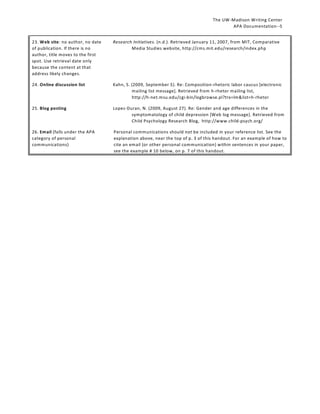 The UW-Madison Writing Center
APA Documentation--5
23. Web site: no author, no date
of publication. If there is no
author, title moves to the first
spot. Use retrieval date only
because the content at that
address likely changes.

Research Initiatives. (n.d.). Retrieved January 11, 2007, from MIT, Comparative
Media Studies website, http://cms.mit.edu/research/index.php

24. Online discussion list

Kahn, S. (2009, September 5). Re: Composition-rhetoric labor caucus [electronic
mailing list message]. Retrieved from h-rhetor mailing list,
http://h-net.msu.edu/cgi-bin/logbrowse.pl?trx=lm&list=h-rhetor

25. Blog posting

Lopez-Duran, N. (2009, August 27). Re: Gender and age differences in the
symptomatology of child depression [Web log message]. Retrieved from
Child Psychology Research Blog, http://www.child-psych.org/

26. Email (falls under the APA
category of personal
communications)

Personal communications should not be included in your reference list. See the
explanation above, near the top of p. 3 of this handout. For an example of how to
cite an email (or other personal communication) within sentences in your paper,
see the example # 10 below, on p. 7 of this handout.

 
