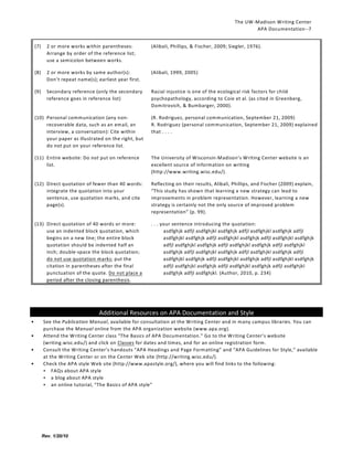 The UW-Madison Writing Center
APA Documentation--7
(7)

2 or more works within parentheses:
Arrange by order of the reference list;
use a semicolon between works.

(Alibali, Phillips, & Fischer, 2009; Siegler, 1976).

(8)

2 or more works by same author(s):
Don’t repeat name(s); earliest year first.

(Alibali, 1999, 2005)

(9)

Secondary reference (only the secondary
reference goes in reference list)

Racial injustice is one of the ecological risk factors for child
psychopathology, according to Coie et al. (as cited in Greenberg,
Domitrovich, & Bumbarger, 2000).

(10) Personal communication (any nonrecoverable data, such as an email, an
interview, a conversation): Cite within
your paper as illustrated on the right, but
do not put on your reference list.

(R. Rodriguez, personal communication, September 21, 2009)
R. Rodriguez (personal communication, September 21, 2009) explained
that . . . .

(11) Entire website: Do not put on reference
list.

The University of Wisconsin-Madison’s Writing Center website is an
excellent source of information on writing
(http://www.writing.wisc.edu/).

(12) Direct quotation of fewer than 40 words:
integrate the quotation into your
sentence, use quotation marks, and cite
page(s).

Reflecting on their results, Alibali, Phillips, and Fischer (2009) explain,
“This study has shown that learning a new strategy can lead to
improvements in problem representation. However, learning a new
strategy is certainly not the only source of improved problem
representation” (p. 99).

(13) Direct quotation of 40 words or more:
use an indented block quotation, which
begins on a new line; the entire block
quotation should be indented half an
inch; double-space the block quotation;
do not use quotation marks; put the
citation in parentheses after the final
punctuation of the quote. Do not place a
period after the closing parenthesis.

. . . your sentence introducing the quotation:
asdfghjk adfjl asdfghjkl asdfghjk adfjl asdfghjkl asdfghjk adfjl
asdfghjkl asdfghjk adfjl asdfghjkl asdfghjk adfjl asdfghjkl asdfghjk
adfjl asdfghjkl asdfghjk adfjl asdfghjkl asdfghjk adfjl asdfghjkl
asdfghjk adfjl asdfghjkl asdfghjk adfjl asdfghjkl asdfghjk adfjl
asdfghjkl asdfghjk adfjl asdfghjkl asdfghjk adfjl asdfghjkl asdfghjk
adfjl asdfghjkl asdfghjk adfjl asdfghjkl asdfghjk adfjl asdfghjkl
asdfghjk adfjl asdfghjkl. (Author, 2010, p. 234)

Additional Resources on APA Documentation and Style
•
•
•
•

See the Publication Manual, available for consultation at the Writing Center and in many campus libraries. You can
purchase the Manual online from the APA organization website (www.apa.org).
Attend the Writing Center class “The Basics of APA Documentation.” Go to the Writing Center’s website
(writing.wisc.edu/) and click on Classes for dates and times, and for an online registration form.
Consult the Writing Center’s handouts “APA Headings and Page Formatting” and “APA Guidelines for Style,” available
at the Writing Center or on the Center Web site (http://writing.wisc.edu/).
Check the APA style Web site (http://www.apastyle.org/), where you will find links to the following:
< FAQs about APA style
< a blog about APA style
< an online tutorial, “The Basics of APA style”

Rev. 1/20/10

 