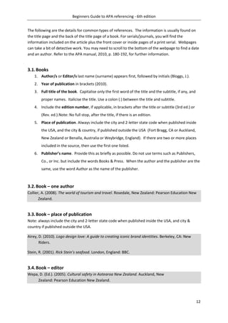 Beginners Guide to APA referencing - 6th edition
12
The following are the details for common types of references. The information is usually found on
the title page and the back of the title page of a book. For serials/journals, you will find the
information included on the article plus the front cover or inside pages of a print serial. Webpages
can take a bit of detective work. You may need to scroll to the bottom of the webpage to find a date
and an author. Refer to the APA manual, 2010, p. 180-192, for further information.
3.1.Books
1. Author/s or Editor/s last name (surname) appears first, followed by initials (Bloggs, J.).
2. Year of publication in brackets (2010).
3. Full title of the book. Capitalise only the first word of the title and the subtitle, if any, and
proper names. Italicise the title. Use a colon (:) between the title and subtitle.
4. Include the edition number, if applicable, in brackets after the title or subtitle (3rd ed.) or
(Rev. ed.).Note: No full stop, after the title, if there is an edition.
5. Place of publication. Always include the city and 2-letter state code when published inside
the USA, and the city & country, if published outside the USA (Fort Bragg, CA or Auckland,
New Zealand or Benalla, Australia or Weybridge, England). If there are two or more places
included in the source, then use the first one listed.
6. Publisher’s name. Provide this as briefly as possible. Do not use terms such as Publishers,
Co., or Inc. but include the words Books & Press. When the author and the publisher are the
same, use the word Author as the name of the publisher.
3.2.Book – one author
Collier, A. (2008). The world of tourism and travel. Rosedale, New Zealand: Pearson Education New
Zealand.
3.3.Book – place of publication
Note: always include the city and 2-letter state code when published inside the USA, and city &
country if published outside the USA.
Airey, D. (2010). Logo design love: A guide to creating iconic brand identities. Berkeley, CA: New
Riders.
Stein, R. (2001). Rick Stein’s seafood. London, England: BBC.
3.4.Book – editor
Wepa, D. (Ed.). (2005). Cultural safety in Aotearoa New Zealand. Auckland, New
Zealand: Pearson Education New Zealand.
 