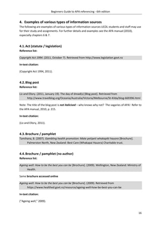 Beginners Guide to APA referencing - 6th edition
16
4. Examples of various types of information sources
The following are examples of various types of information sources UCOL students and staff may use
for their study and assignments. For further details and examples see the APA manual (2010),
especially chapters 6 & 7.
4.1.Act (statute / legislation)
Reference list:
Copyright Act 1994. (2011, October 7). Retrieved from http://www.legislation.govt.nz
In-text citation:
(Copyright Act 1994, 2011).
4.2.Blog post
Reference list:
Liz and Ellory. (2011, January 19). The day of dread(s) [Blog post]. Retrieved from
http://www.travelblog.org/Oceania/Australia/Victoria/Melbourne/St-Kilda/blog-669396.html
Note: The title of the blog post is not italicised – who knows why not? The vagaries of APA! Refer to
the APA manual, 2010, p. 215.
In-text citation:
(Liz and Ellory, 2011).
4.3.Brochure / pamphlet
Tamihana, B. (2007). Gambling health promotion: Mate petipeti whakapiki hauora [Brochure].
Palmerston North, New Zealand: Best Care (Whakapai Hauora) Charitable trust.
4.4.Brochure / pamphlet (no author)
Reference list:
Ageing well: How to be the best you can be [Brochure]. (2009). Wellington, New Zealand: Ministry of
Health.
Same brochure accessed online
Ageing well: How to be the best you can be [Brochure]. (2009). Retrieved from
https://www.healthed.govt.nz/resource/ageing-well-how-be-best-you-can-be
In-text citation:
(“Ageing well,” 2009).
 