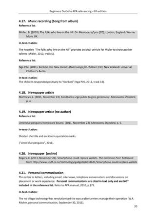 Beginners Guide to APA referencing - 6th edition
20
4.17. Music recording (Song from album)
Reference list:
Midler, B. (2010). The folks who live on the hill. On Memories of you [CD]. London, England: Warner
Music UK.
In-text citation:
The heartfelt “The folks who live on the hill” provides an ideal vehicle for Midler to showcase her
talents (Midler, 2010, track 5).
Reference list:
Nga Pihi. (2011). Korikori. On Taku meiao: Maori songs for children [CD]. New Zealand: Universal
Children’s Audio.
In-text citation:
The children responded positively to “Korikori” (Nga Pihi, 2011, track 14).
4.18. Newspaper article
Matthews, L. (2011, November 23). Foodbanks urge public to give generously. Manawatu Standard,
p. 4.
4.19. Newspaper article (no author)
Reference list:
Little blue penguins homeward bound. (2011, November 23). Manawatu Standard, p. 5.
In-text citation:
Shorten the title and enclose in quotation marks.
(“Little blue penguins”, 2011).
4.20. Newspaper (online)
Rogers, C. (2011, November 26). Smartphone could replace wallets. The Dominion Post. Retrieved
from http://www.stuff.co.nz/technology/gadgets/6038621/Smartphone-could-replace-wallets
4.21. Personal communication
This refers to letters, including email, interviews, telephone conversations and discussions on
placement or work experience. Personal communications are cited in-text only and are NOT
included in the reference list. Refer to APA manual, 2010, p.179.
In-text citation:
The no-tillage technology has revolutionised the way arable farmers manage their operation (W.R.
Ritchie, personal communication, September 30, 2011).
 