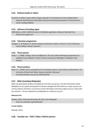 Beginners Guide to APA referencing - 6th edition
21
4.22. Podcast (audio or video)
Rozaieski, B. (2011). Logan cabinet shoppe: Episode 37: Entertainment center molding [Video
podcast]. Retrieved from http://blip.tv/hand-tools-techniques/episode-37-entertainment-
center-molding-5568215
4.23. Software (including apps)
UBM Medica. (2010). iMIMS (Version1.2.0) [Mobile application software]. Retrieved from
http://itunes.apple.com
4.24. Television programme
Flanagan, A., & Philipson, A. (Series producers & directors). (2011). 24 hours in A & E [Television
series]. Belfast, Ireland: Channel 4.
4.25. Thesis (print)
Smith, T. L. (2008). Change, choice and difference: The case of RN to BN degree programmes for
registered nurses (Master’s thesis). Victoria University of Wellington, Wellington, New
Zealand.
4.26. Thesis (online)
Mann, D. L. (2010). Vision and expertise for interceptive actions in sport (Doctoral dissertation, The
University of New South Wales, Sydney, Australia). Retrieved
fromhttp://handle.unsw.edu.au/1959.4/44704
4.27. Wikis (including Wikipedia)
Wikis can generally be written and edited by more than one person. Use wiki information wisely.
Wikipedia can be a good starting point to discover background information on a topic and you can
use the citations and links in any entry to verify information and locate original sources. Check with
your lecturer – Are you allowed to use Wikipedia as a reference source?
Reference list
Moodle. (2011). Retrieved November 28, 2011, from Wikipedia:
http://en.wikipedia.org/wiki/Moodle
In-text citation
(Moodle, 2011).
4.28. Youtube see – DVD / Video / Motion picture
 