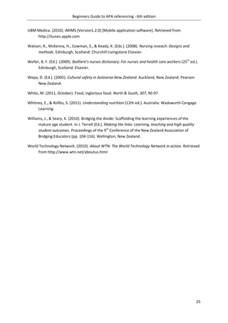 Beginners Guide to APA referencing - 6th edition
25
UBM Medica. (2010). iMIMS (Version1.2.0) [Mobile application software]. Retrieved from
http://itunes.apple.com
Watson, R., McKenna, H., Cowman, S., & Keady, K. (Eds.). (2008). Nursing reseach: Designs and
methods. Edinburgh, Scotland: Churchill Livingstone Elsevier.
Weller, B. F. (Ed.). (2009). Bailliere’s nurses dictionary: For nurses and health care workers (25th
ed.).
Edinburgh, Scotland: Elsevier.
Wepa, D. (Ed.). (2005). Cultural safety in Aotearoa New Zealand. Auckland, New Zealand: Pearson
New Zealand.
White, M. (2011, October). Food, inglorious food. North & South, 307, 96-97.
Whitney, E., & Rolfes, S. (2011). Understanding nutrition (12th ed.). Australia: Wadsworth Cengage
Learning.
Williams, J., & Seary, K. (2010). Bridging the divide: Scaffolding the learning experiences of the
mature age student. In J. Terrell (Ed.), Making the links: Learning, teaching and high quality
student outcomes. Proceedings of the 9th
Conference of the New Zealand Association of
Bridging Educators (pp. 104-116). Wellington, New Zealand.
World Technology Network. (2010). About WTN: The World Technology Network in action. Retrieved
from http://www.wtn.net/aboutus.html
 