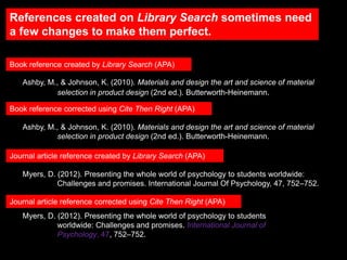 Ashby, M., & Johnson, K. (2010). Materials and design the art and science of material
selection in product design (2nd ed.). Butterworth-Heinemann.
Book reference created by Library Search (APA)
Book reference corrected using Cite Then Right (APA)
Ashby, M., & Johnson, K. (2010). Materials and design the art and science of material
selection in product design (2nd ed.). Butterworth-Heinemann.
References created on Library Search sometimes need
a few changes to make them perfect.
Journal article reference created by Library Search (APA)
Myers, D. (2012). Presenting the whole world of psychology to students worldwide:
Challenges and promises. International Journal Of Psychology, 47, 752–752.
Journal article reference corrected using Cite Then Right (APA)
Myers, D. (2012). Presenting the whole world of psychology to students
worldwide: Challenges and promises. International Journal of
Psychology, 47, 752–752.
 