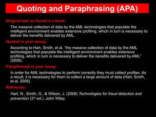 Quoting and Paraphrasing (APA)
Original text as found in a book:
The massive collection of data by the AML technologies that populate the
intelligent environment enables extensive profiling, which in turn is necessary to
deliver the benefits delivered by AML.
Quoted in your essay:
According to Hart, Smith, et al. “the massive collection of data by the AML
technologies that populate the intelligent environment enables extensive
profiling, which in turn is necessary to deliver the benefits delivered by AML”
(2008).
Paraphrased in your essay:
In order for AML technologies to perform correctly they must collect profiles. As
a result, it is necessary for them to collect a large amount of data (Hart, Smith,
et al. 2008).
Reference:
Hart, N., Smith, G., & Wilson, J. (2008) Technologies for fraud detection and
prevention (3rd ed.). John Wiley.
 