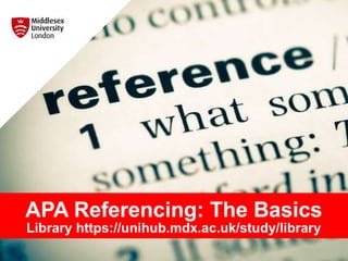 APA Referencing: The Basics
Library https://unihub.mdx.ac.uk/study/library
 