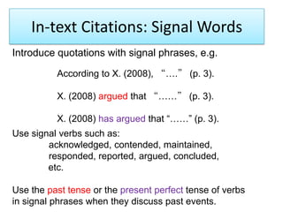 In-text Citations: Signal Words
Introduce quotations with signal phrases, e.g.
According to X. (2008), “….” (p. 3).
X. (2008) argued that “……” (p. 3).
X. (2008) has argued that ―……‖ (p. 3).
Use signal verbs such as:
acknowledged, contended, maintained,
responded, reported, argued, concluded,
etc.
Use the past tense or the present perfect tense of verbs
in signal phrases when they discuss past events.
 