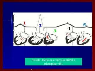 AUSCUSTA CARDÍACA
Componentes e característica das bulhas

• B1 = M1T1

• B2 = A2 P2

• Bulhas Normofonéticas
          Hipofonéticas a válvula mitral e
            Sístole fecha-se
                     tricúspide =B1
          Hiperfonéticas
 