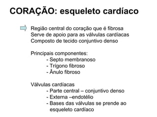 CORAÇÃO: esqueleto cardíaco
Região central do coração que é fibrosa
Serve de apoio para as válvulas cardíacas
Composto de tecido conjuntivo denso
Principais componentes:
- Septo membranoso
- Trígono fibroso
- Ânulo fibroso
Válvulas cardíacas
- Parte central – conjuntivo denso
- Externa –endotélio
- Bases das válvulas se prende ao
esqueleto cardíaco
 