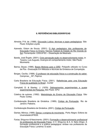 117
6. REFERÊNCIAS BIBLIOGRÁFICAS
Almeida, P.N. de. (1998). Educação Lúdica: técnicas e jogos pedagógicos. São
Paulo: Edições Loyola.
Azevedo, Edson de Souza. (2001). O Agir pedagógico dos professores de
Educação Física no Ensino Técnico Federal do Estado do Rio Grande do
Sul. Florianópolis: CDS/UFSC – Dissertação de Mestrado.
Barela, José Ângelo. (2001). Ciclo percepção-ação no desenvolvimento motor. In
Texeira, Luis Augusto. Avanços em comportamento motor. São Paulo:
Movimento
Barros, Deyse. (1996). Bases Motoras para a GRD. Polígrafo utilizado no Curso
de Pós - Graduação Em Métodos e técnicas da Ginástica de Competição.
Borges, Cecília. (1998). O professor de educação física e a construção do saber.
Campinas _ SP, Papirus.
Carta Brasileira de Educação Física. (2001). Referências para uma Educação
Física de qualidade no Brasil . Confef
Campbell, D. & Stanley, J. (1979). Delineamentos experimentais e quase
experimentais de Pesquisa. São Paulo :EPU
Coletivo de autores. (1992). Metodologia do Ensino de Educação Física. São
Paulo: Cortez.
Confederação Brasileira de Ginástica. (1989). Código de Pontuação. Rio de
Janeiro: Palestra.
Confederação Brasileira de Ginástica. (2001). Código de Pontuação.
Dantas, Mônica. (1999). Dança: o enigma do movimento. Porto Alegre: Editora da
Uiversidade/UFRGS.
Farias; Shigunov & Nascimento. (2001). Formação e desenvolvimento profissional
do professores de Educação Física. In V. Shigunov & A. S. Neto (Orgs). A
formação profissional e a prática pedagógica: ênfase nos professores de
Educação Física. Londrina: O autor.
 