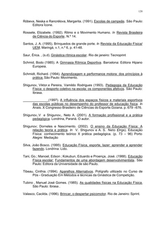 120
Róbeva, Neska e Rancrélova, Margarita. (1991). Escolas de campeãs. São Paulo:
Editora Ícone.
Rossete, Elizabete. (1992). Ritmo e o Movimento Humano. In Revista Brasileira
de Ciência do Esporte, N.º 14.
Santos, J. A. (1995). Brinquedos de grande porte. In Revista da Educação Física/
UEM, Maringá, v.1, n.º 6, p. 41-48.
Saur, Érica. , (s.d). Ginástica rítmica escolar. Rio de janeiro: Tecnoprint
Schmid, Bodo (1985). A Gimnasia Rítmica Deportiva. Barcelona: Editora Hipano
Europeia.
Schmidt, Richard. (1994). Aprendizagem e performance motora: dos princípios à
prática. São Paulo: Movimento.
Shigunov, Viktor.e Pereira, Vamildo Rodrigues (1993). Pedagogia da Educação
Física: o desporto coletivo na escola: os componentes afetivos. São Paulo:
Ibrasa.
______________(1997). A influência dos espaços físicos e materiais esportivos
das escolas públicas no desempenho do professor de educação física. In
Anais. X Congresso Brasileiro de Ciências do Esporte.Goiana. p. 679 –676.
Shigunov,.V e Shigunov,. Neto A. (2001). A formação profissional e a prática
pedagógica. Londrina, Paraná. O autor.
Shigunov; Dorneles e Nascimento. (2002). O ensino da Educação Física: A
relação teoria e prática. In V. Shigunov e A. S. Neto (Orgs). Educação
Física: conhecimento teórico X prática pedagógica. (p. 73 – 96) Porto
Alegre: Mediação
Silva, João Bosco. (1995). Educação Física, esporte, lazer: aprender a aprender
fazendo. Londrina: Lido.
Tani, Go.; Manoel, Edson ; Kokubun, Eduardo e Proença, José. (1988). Educação
Física escolar: Fundamentos de uma abordagem desenvolvimentista. São
Paulo: Editora da Universidade de são Paulo.
Tibeau, Cinthia. (1994). Aparelhos Alternativos. Polígrafo utilizado no Curso de
Pós - Graduação Em Métodos e técnicas da Ginástica de Competição.
Tubino , Manuel José Gomes. (1985). As qualidades físicas na Educação Física.
São Paulo: Ibrasa .
Valasco, Cacilda. (1996). Brincar, o despertar psicomotor. Rio de Janeiro: Sprint.
 