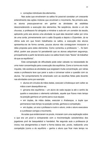 89
ë correções individuais dos elementos.
Nas aulas que envolveram os saltos foi possível constatar um crescente
entendimento das ações motoras que envolviam o movimento. Na primeira aula,
os alunos preocupavam-se em ganhar as atividades de estafetas
desconsiderando a execução dos elementos. Na seqüência, devido a um dia
chuvoso, a professora foi obrigada a ministrar a aula em um corredor da escola,
aplicando junto aos alunos uma atividade na qual eles deveriam saltar por cima
de uma corda, primeiramente com o salto Grupado e depois o Enjambée. Já na
última aula em que foram trabalhados os saltos, a execução dos alunos
apresentou-se de forma correta, poucos alunos não conseguiram incorporar a
idéia proposta para estes elementos. Como comentou a professora: “... foi bem
difícil, porém aos poucos fui percebendo que os alunos adquiriram segurança,
principalmente a partir da terceira aula e os saltos foram mais “fáceis” de trabalhar
do que os equilíbrios”.
Esta comparação de dificuldade pode estar calcada na necessidade de
uma maior concentração para a execução dos equlíbrios. Como a turma era muito
inquieta, não aceitava as atividades que exigissem muita concentração, por várias
vezes a professora teve que parar a aula e conversar sobre a questão com os
alunos. Tal comportamento foi amenizado com as escolhas feitas pela docente
nas atividades como por exemplo:
ë alunos em círculos de mãos dadas, executar o Arabesque sem soltar as
mãos e sem desequilibrar-se;
ë gincana dos equilíbrios – um aluno de cada equipe ia até o centro da
quadra e executava o elemento solicitado, aquele que ficava mais tempo
na posição ganhava um ponto para a sua equipe;
ë em duplas, de mãos dadas, executar o Arabesque, a dupla que
permanecia mais tempo na posição correta, ganhava a competição;
ë em duplas, um era o professor e outro o aluno, onde o aluno executava
e o professor corrigia o movimento.
As aulas que evidenciaram os pivots, iniciaram com uma explicação sobre
o que era um pivot e comparando com a movimentação característica dos
jogadores pivô de basquetebol e handebol. Na segunda aula a professora já
iniciou nos alongamentos a inserir a forma básica dos pivots, realizando uma
competição (como a do equilíbrio – ganha o aluno que ficar mais tempo na
 